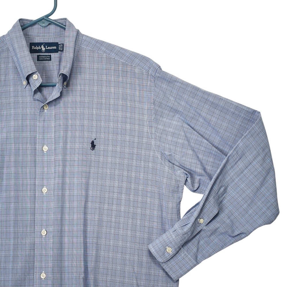Ralph Lauren Men's Yarmouth Blue Black Plaid Check Shirt Large 15.5x34 Blue Pony